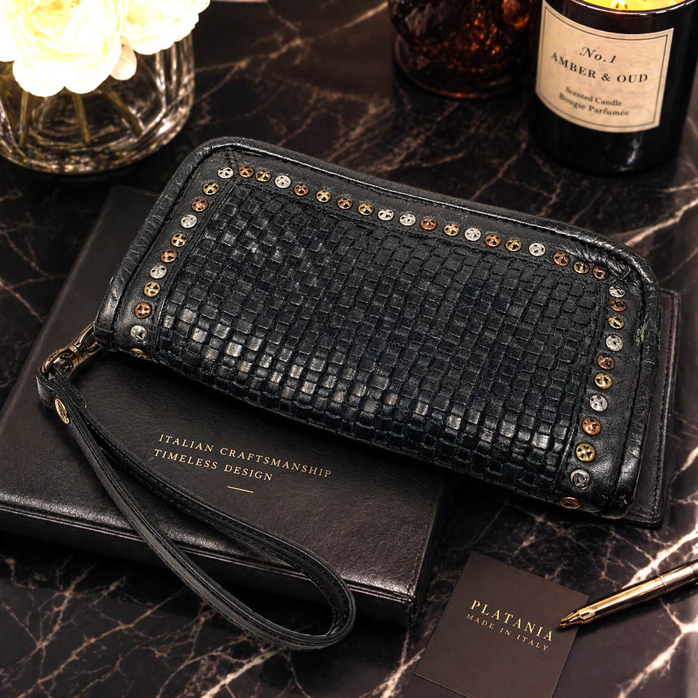 Platania Woven Leather Zip Around Wallet Organizer Wristlet Italian Handcrafted
